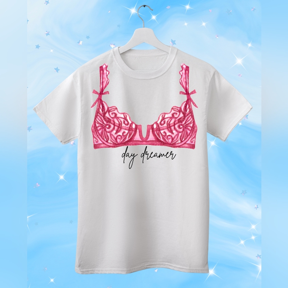 White Unisex T-Shirt with Pink Lace Bra Design